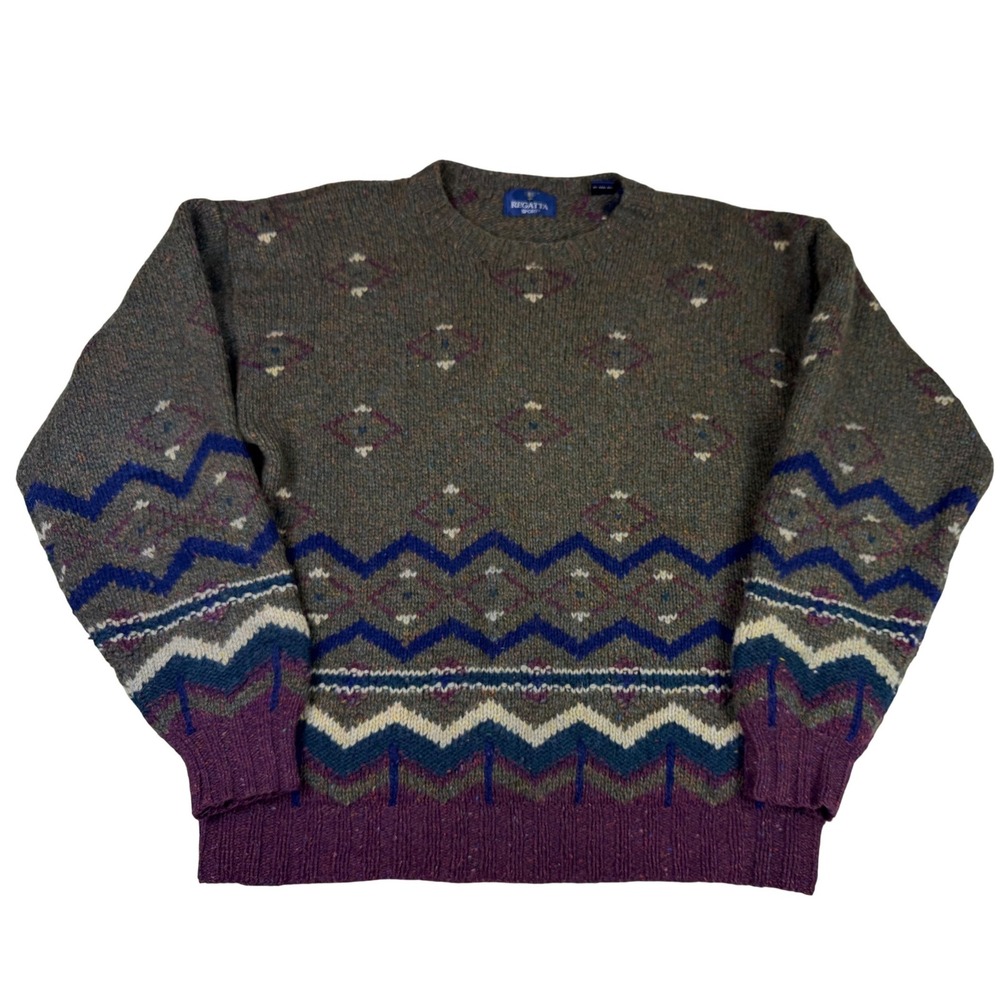 Regatta Sport Vtg 100% Wool Fair Isle Knit Crewneck Sweater Mens XL Green Purple